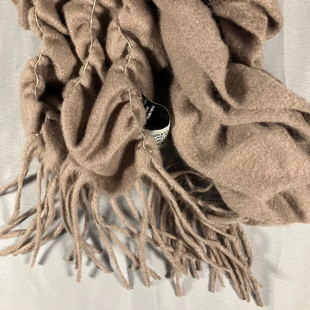 SAYAMI 100% Cashmere Ruched‎ Scarf Shawl Taupe Fringe